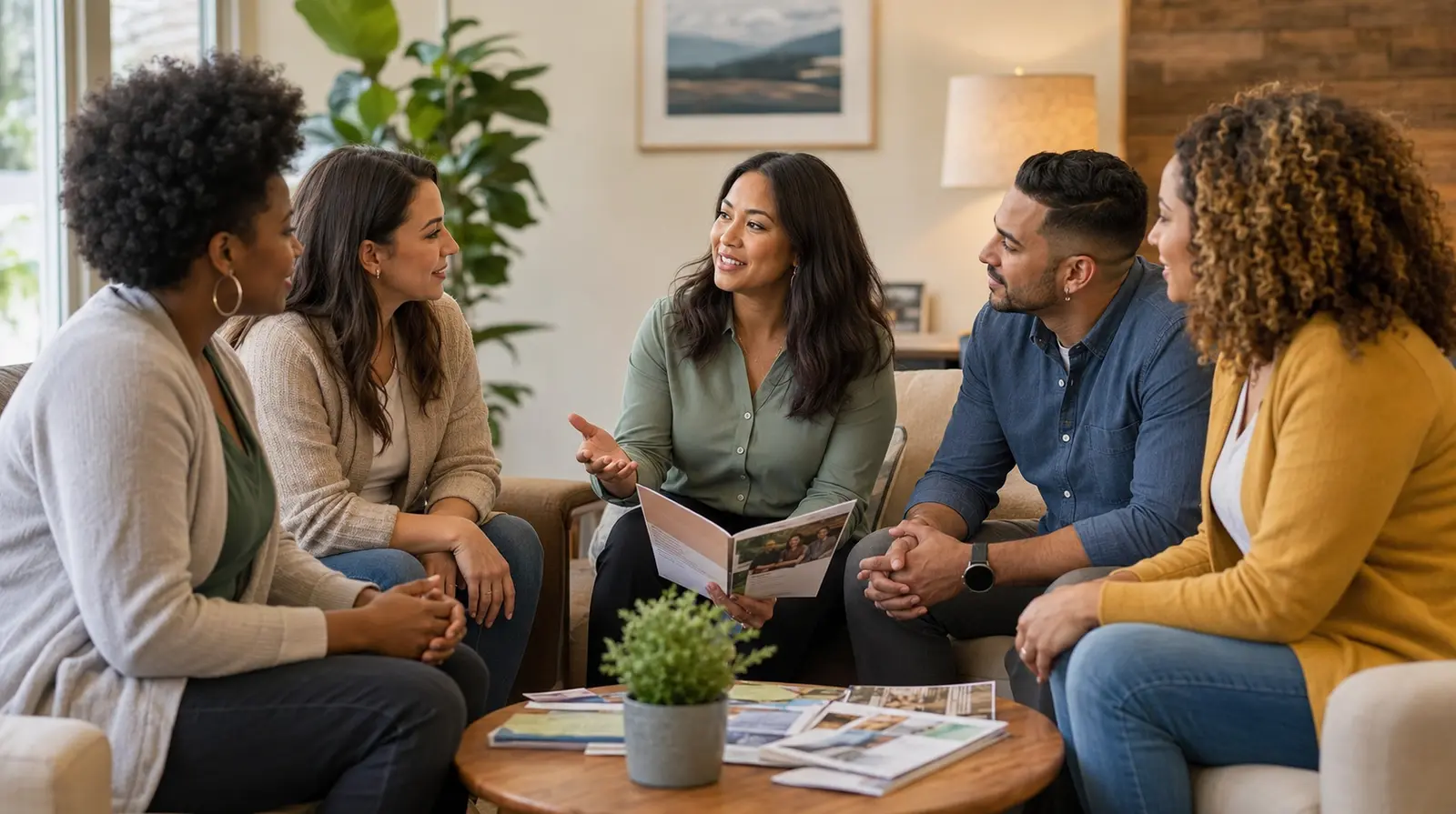 A multiracial referral conversation in a comfortable community office.
